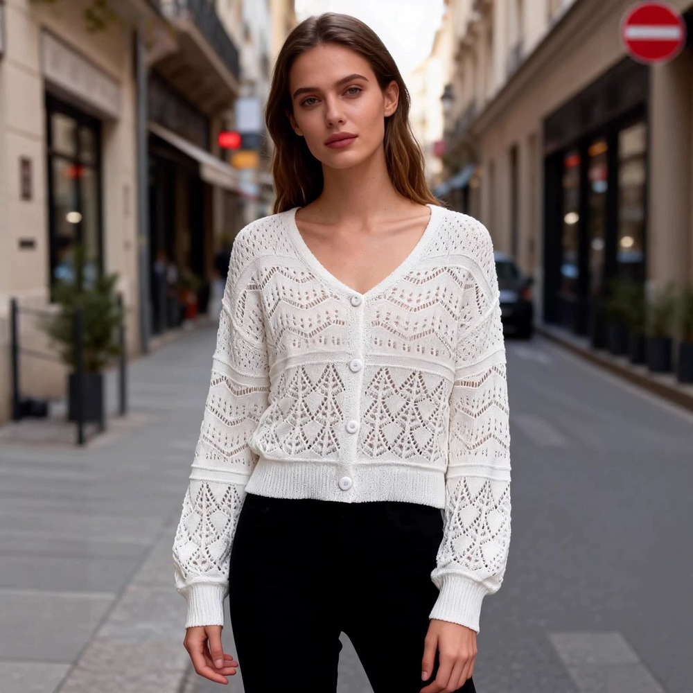 ZARA Womens Vintage Crochet Knit Cardigan Loose Fit Slimming Cutout Neckline